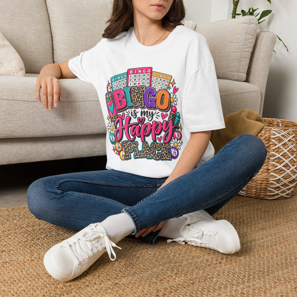 Bingo Is My Happy Place T-Shirt — Colorful Bingo Cards & Leopard Print Design