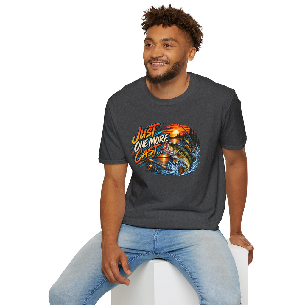 Fishing T-Shirt — "Just One More Cast" Sunset Bass Graphic Tee