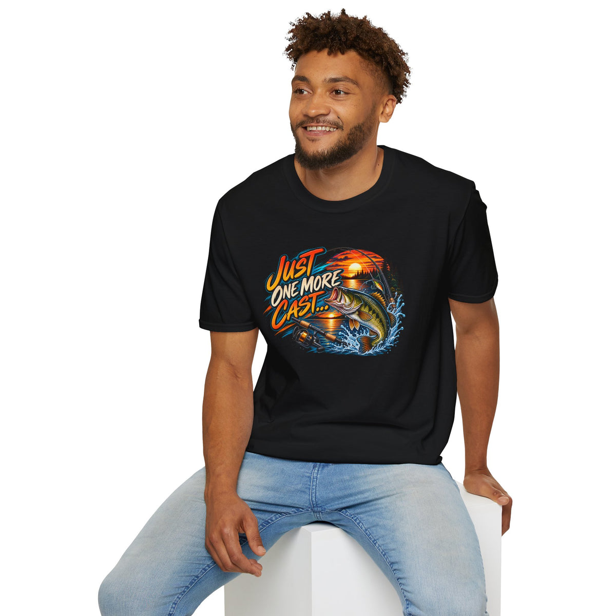 Fishing T-Shirt — "Just One More Cast" Sunset Bass Graphic Tee